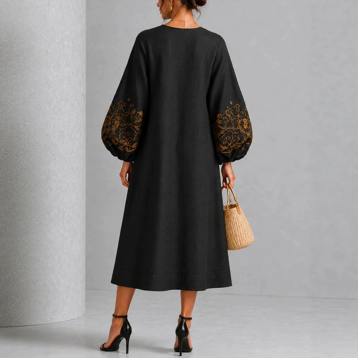 Black Gold Embroidered Lantern Sleeve A-Line Midi Dress