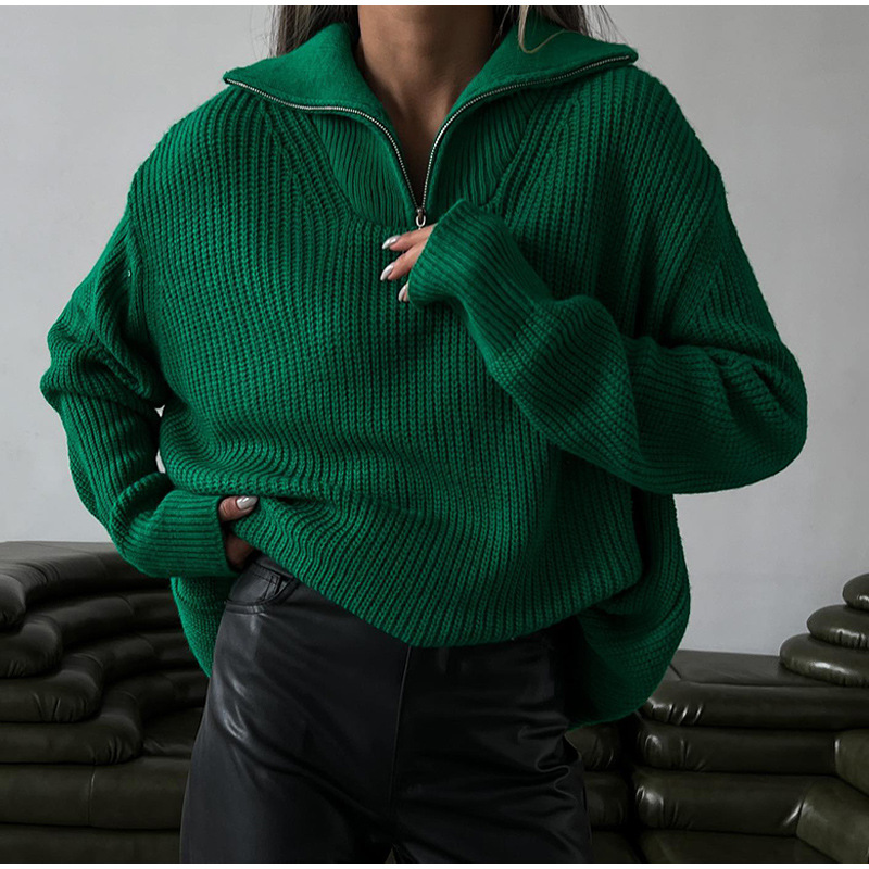 Women's Zip-Up Knit Pullover Sweater Loose Casual Long Sleeve