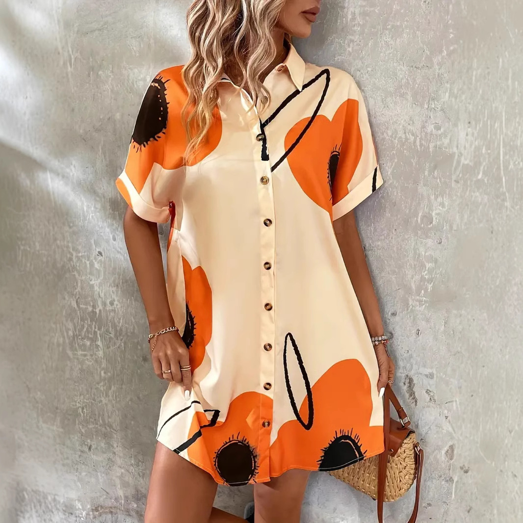 Floral Print Short Sleeve Shirt Dress Casual Women's Long Dress