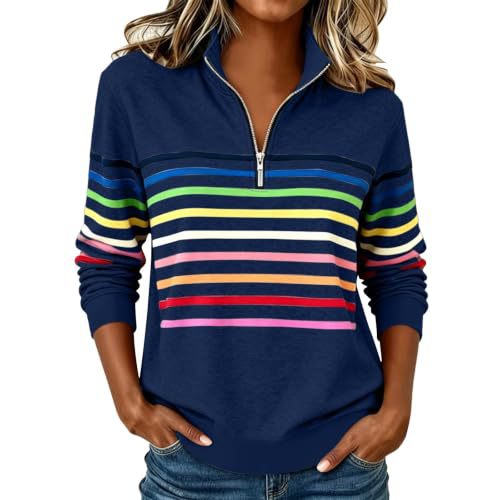 Colorful Striped Print Half-Zip Hoodie for Women