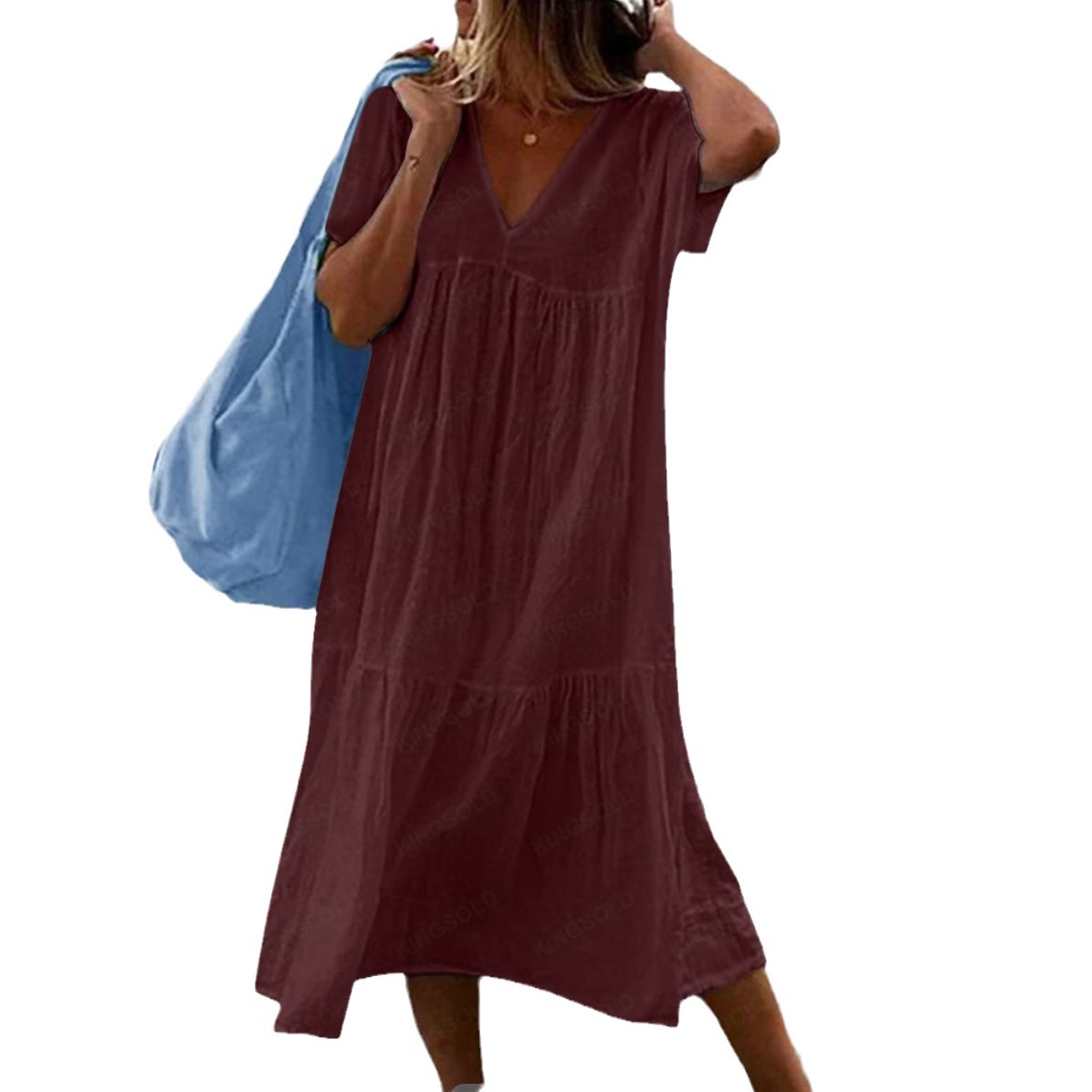 Women's Cotton Linen Short Sleeve Midi Dress Crew Neck