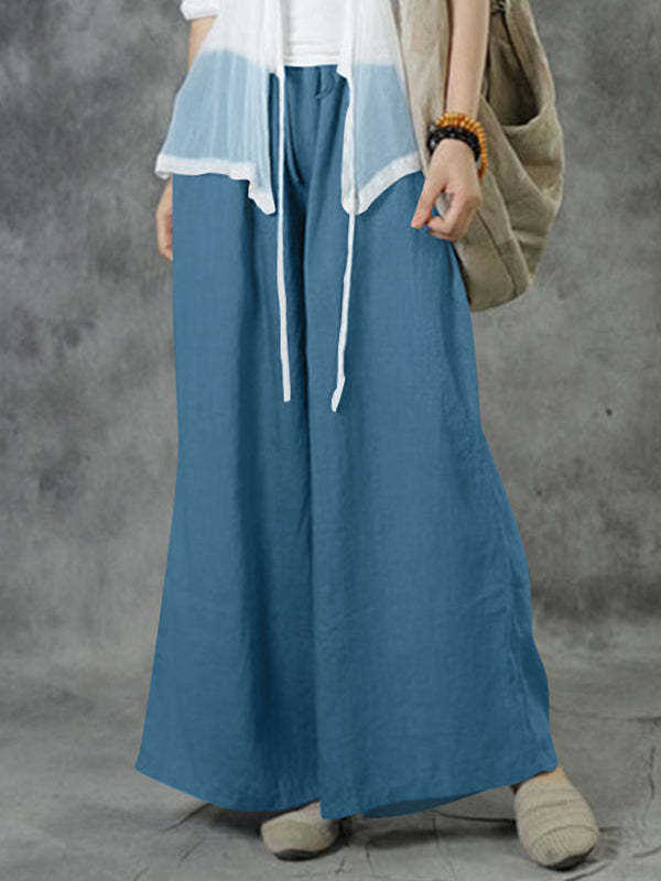 Cotton-Linen Wide-Leg Casual Pants for Women Solid Color Loose Fit