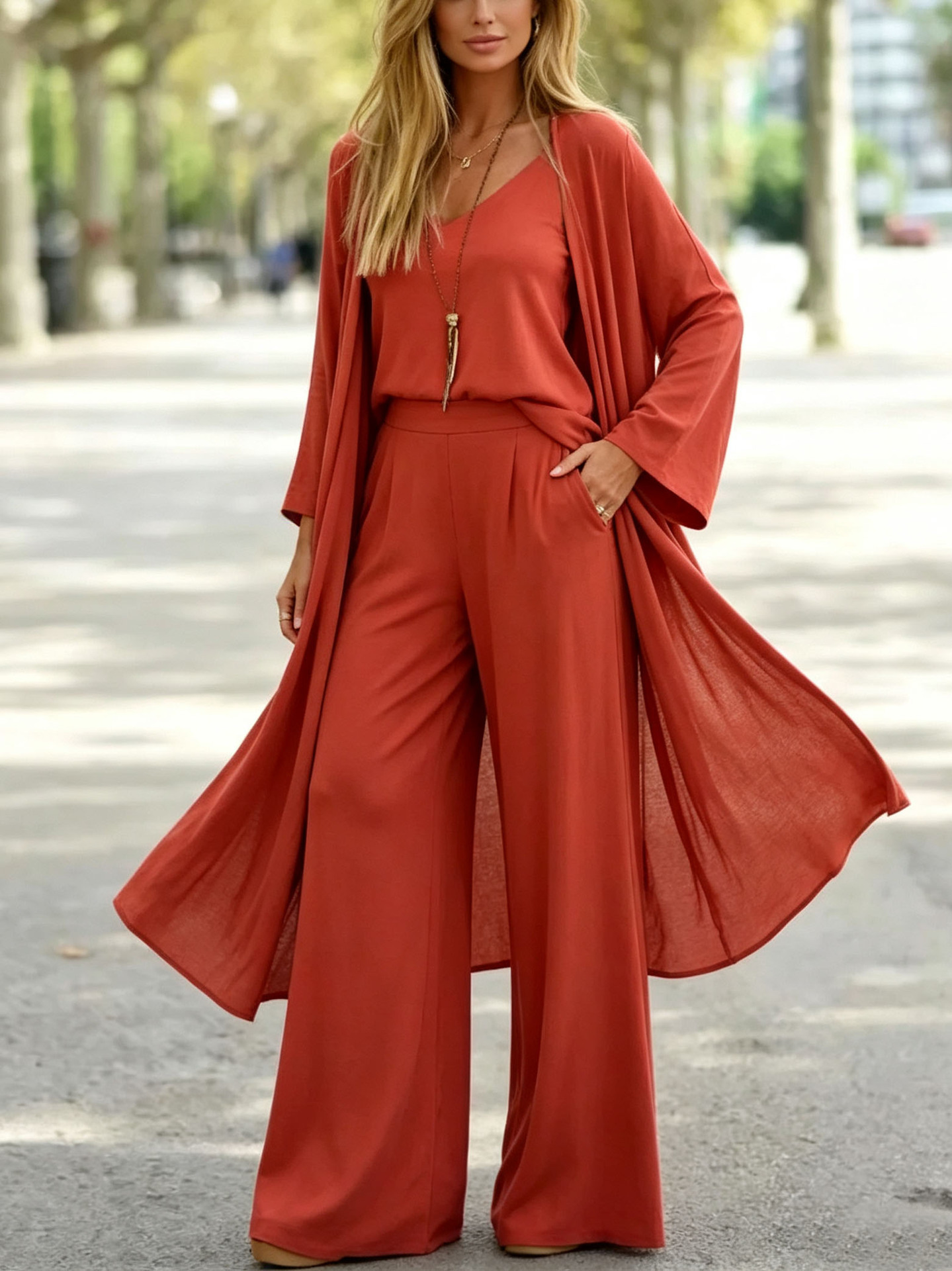 Women's Minimalist Solid Color Open-Front Cardigan 3-Piece Set