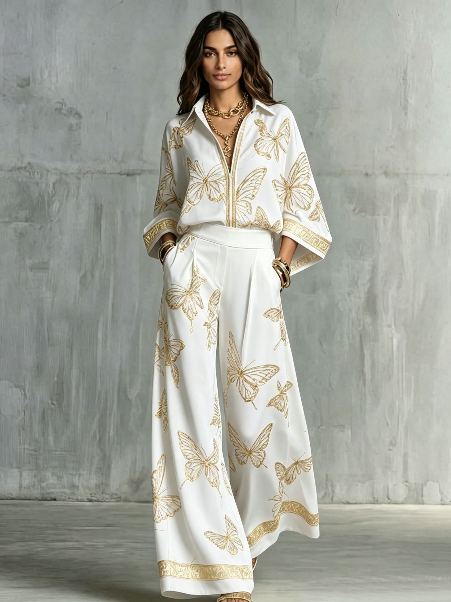 Women's Vintage Print Deep V Zip Top & Wide-Leg Pants Set