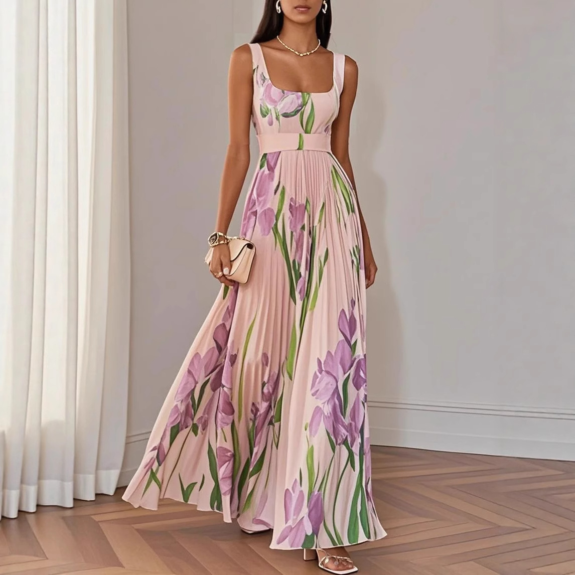 Women's Sleeveless Floral Midi Dress Digital Print Pleated A-Line