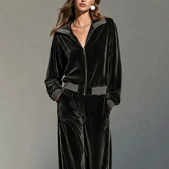 Black Velvet Striped Two-Piece Set with Lapel Zip Jacket and High-Waist Wide-Leg Pants