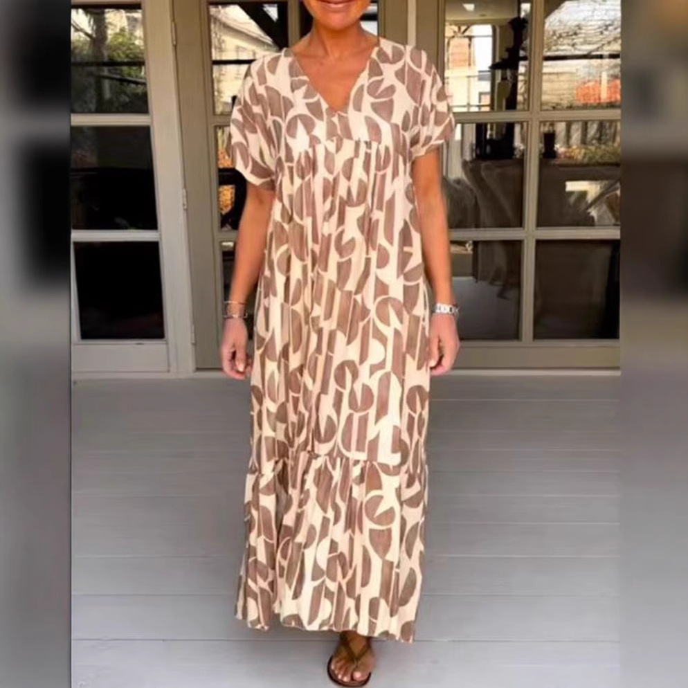 Geometric Print V-Neck Short Sleeve Loose Casual Dress