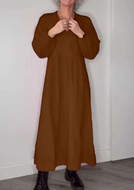 Solid V-Neck Long Sleeve Pocket Maxi Dress