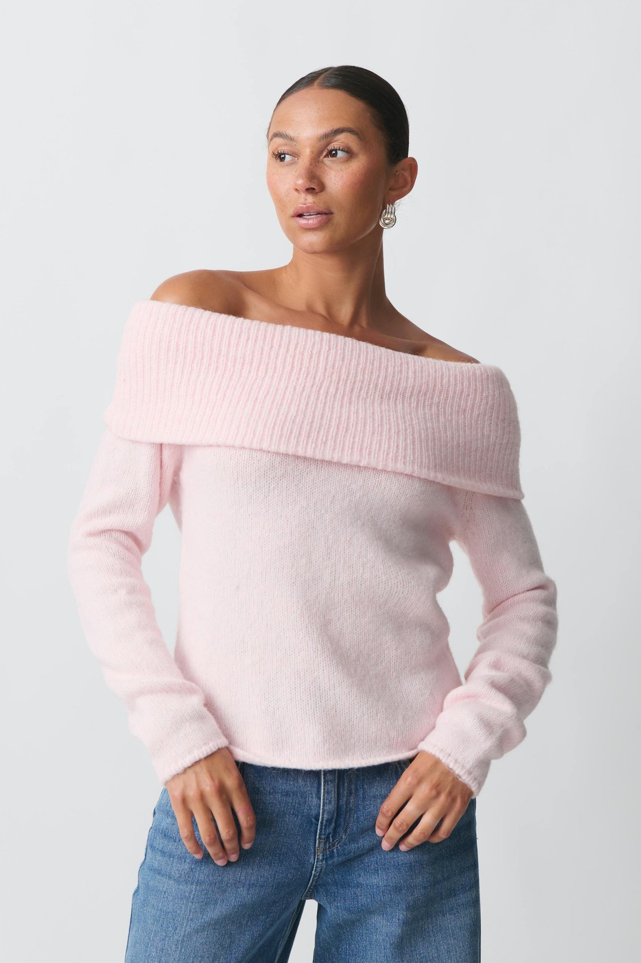 Women's Off-Shoulder Lapel Knit Top Slim Fit Sweet Pullover