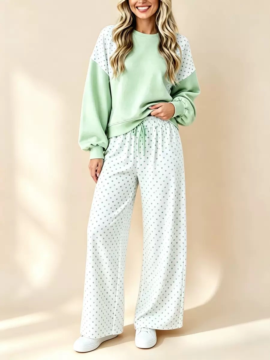 Colorblock Polka Dot Women's Two-Piece Set with Crew Neck Long Sleeve Top and Drawstring Wide-Leg Pants