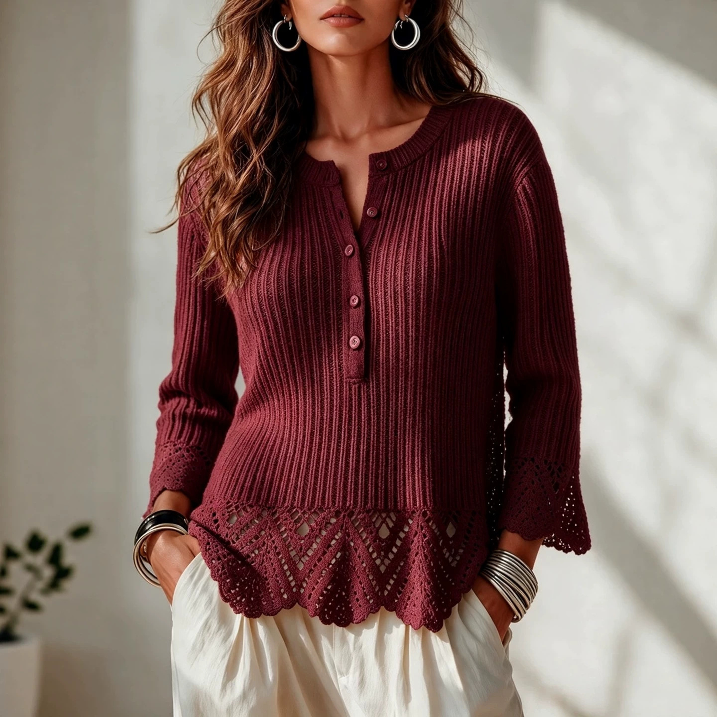 Solid Button Bell Sleeve Loose Slouchy Knit Sweater for Women