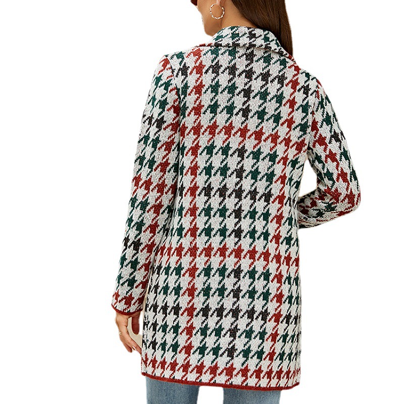 Houndstooth Colorblock Knit Long Cardigan with Suit Collar