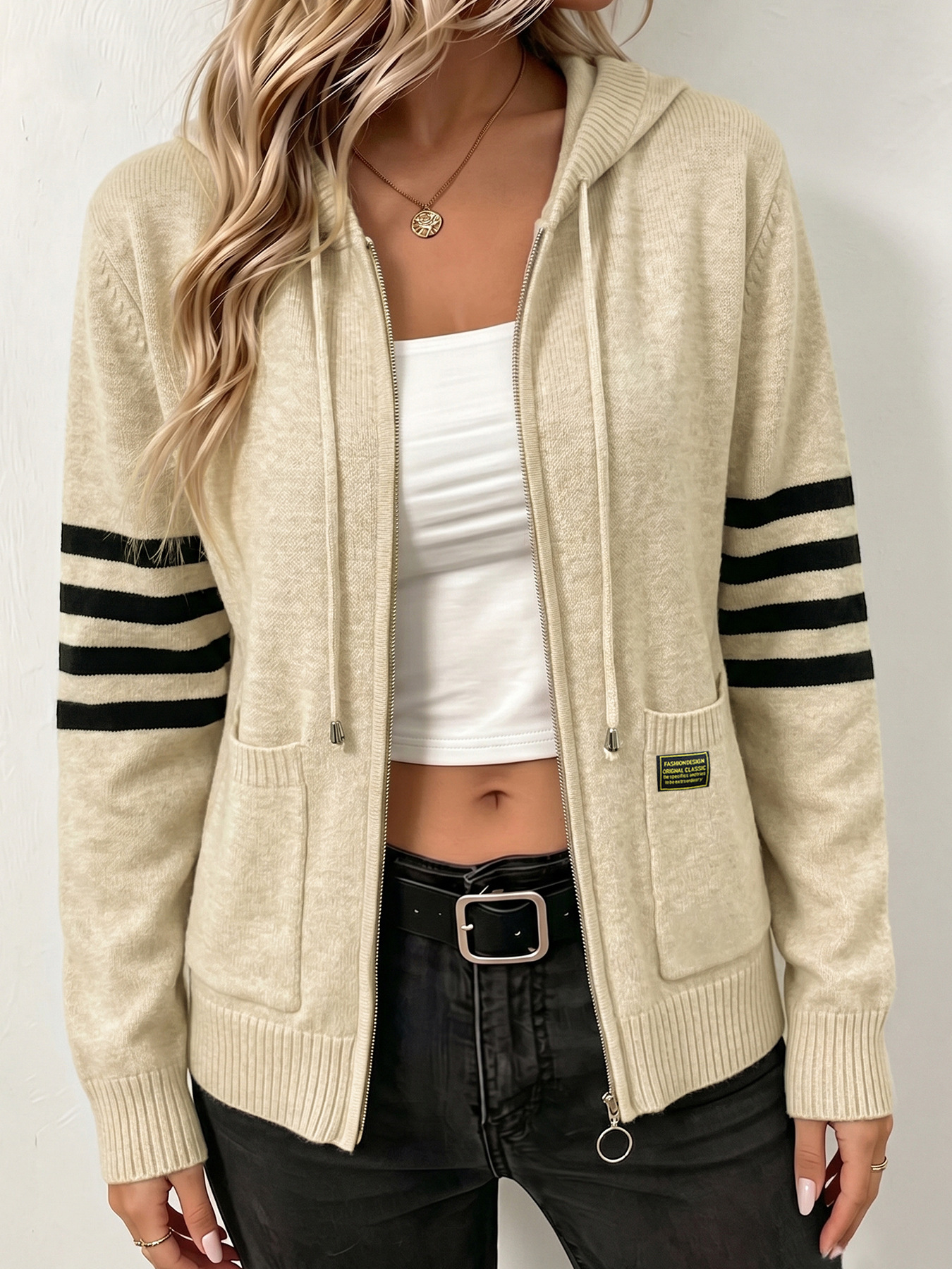 Women's Zip-Up Knit Hooded Cardigan with Pockets