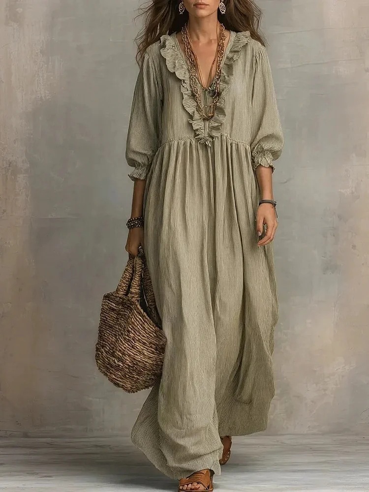 Striped Ruffle High-Waist V-Neck Loose Casual Dress