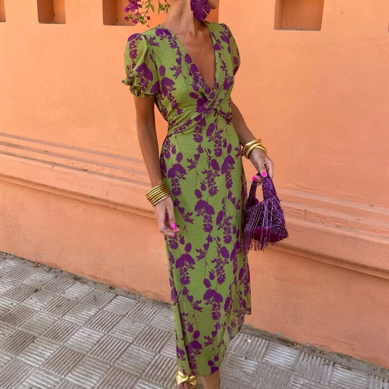 Women's Colorblock Print Short Sleeve Midi Dress