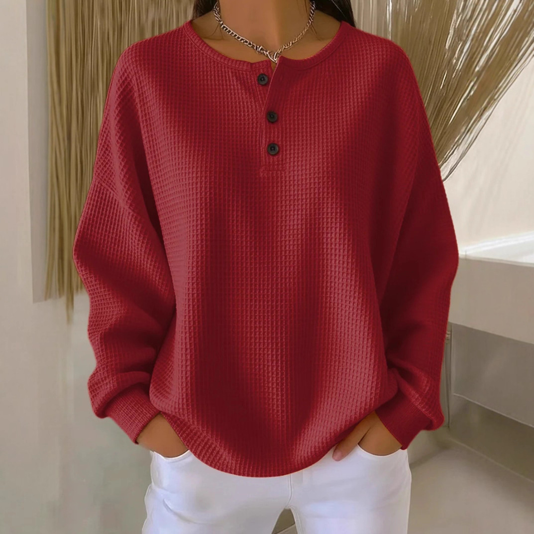 Waffle Knit Crewneck Pullover Loose Fit Solid Color Top