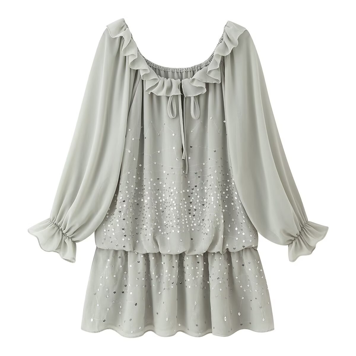 Women's Off-Shoulder Long Sleeve Shiny Layered Short Dress