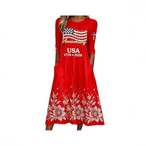 Women's American Flag Print Ruched Floral Dress with Pockets