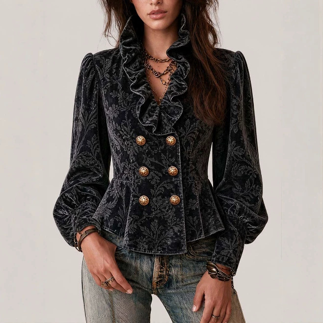 Boho Floral Jacquard Ruffle Blazer