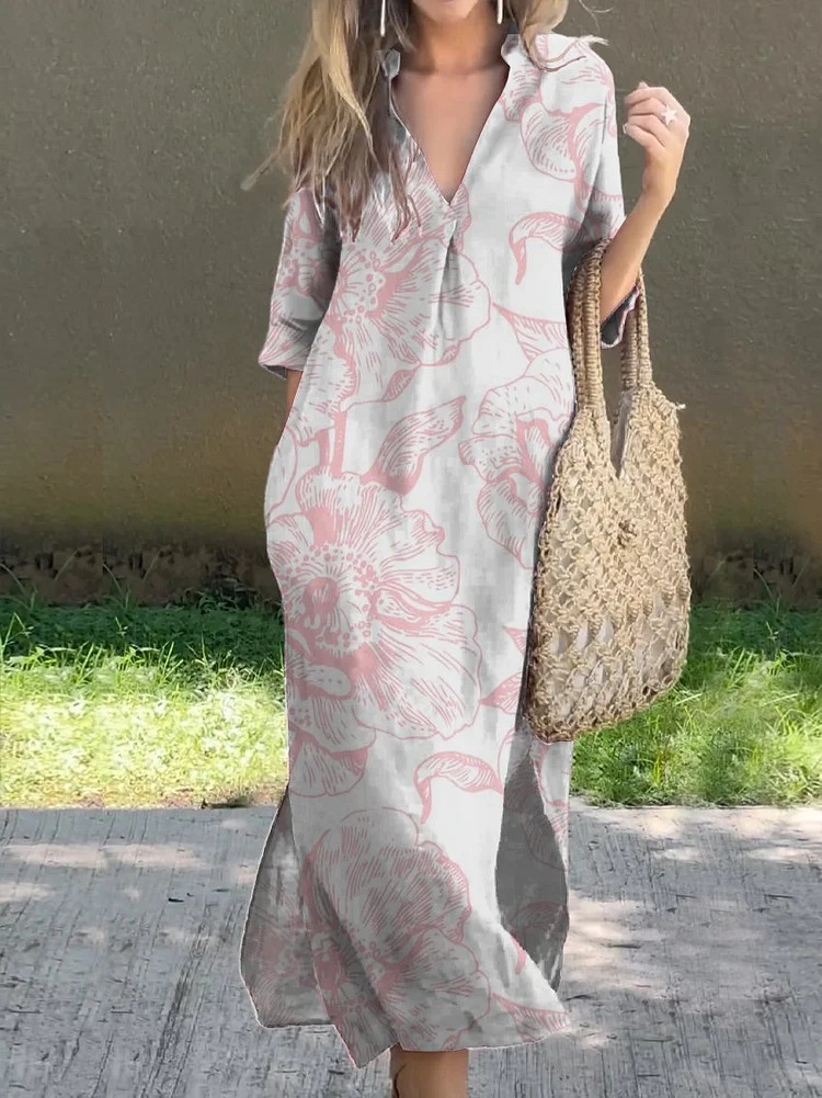 Women's Casual V-Neck Slit Printed Linen-Look Midi Dress