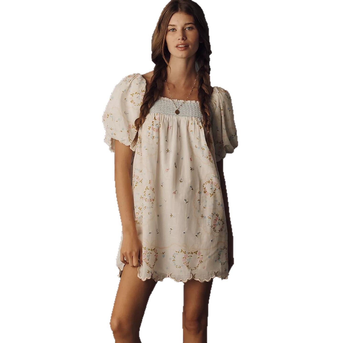 Women's Summer Low Neck Lace Trim Puff Sleeve Floral Print Dress