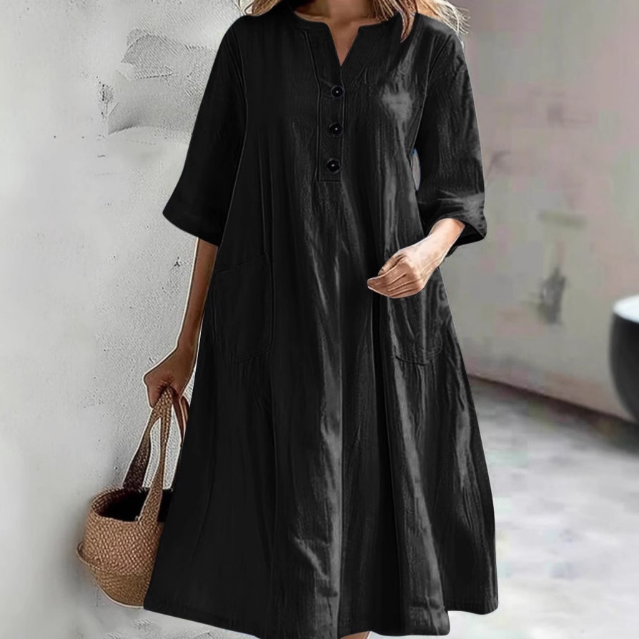 Women's Midi V-Neck Half-Sleeve Cotton-Linen Loose Dress with Three Buttons and Pockets