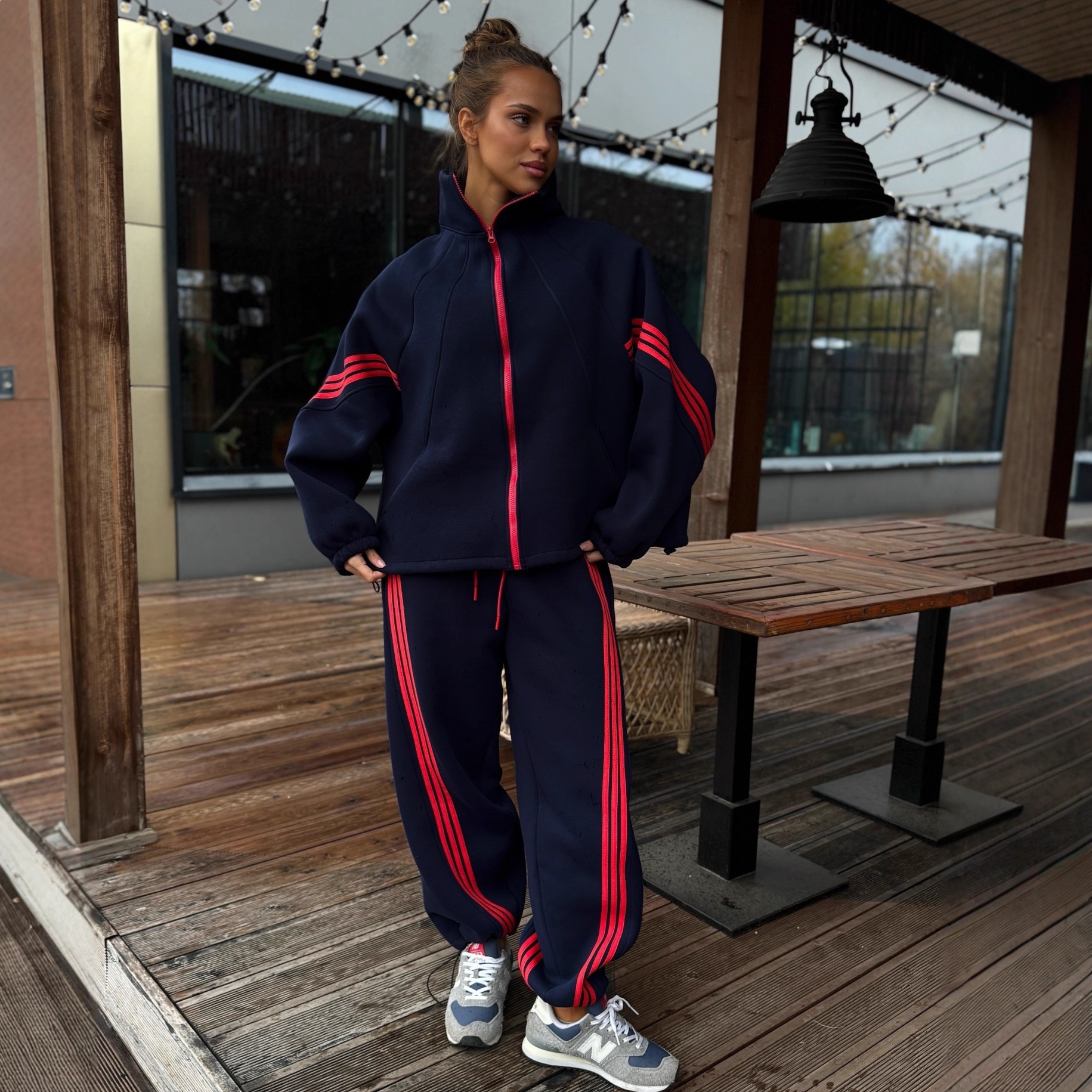 Striped Colorblock Stand Collar Zip Jacket & Elastic Waist Pants Set