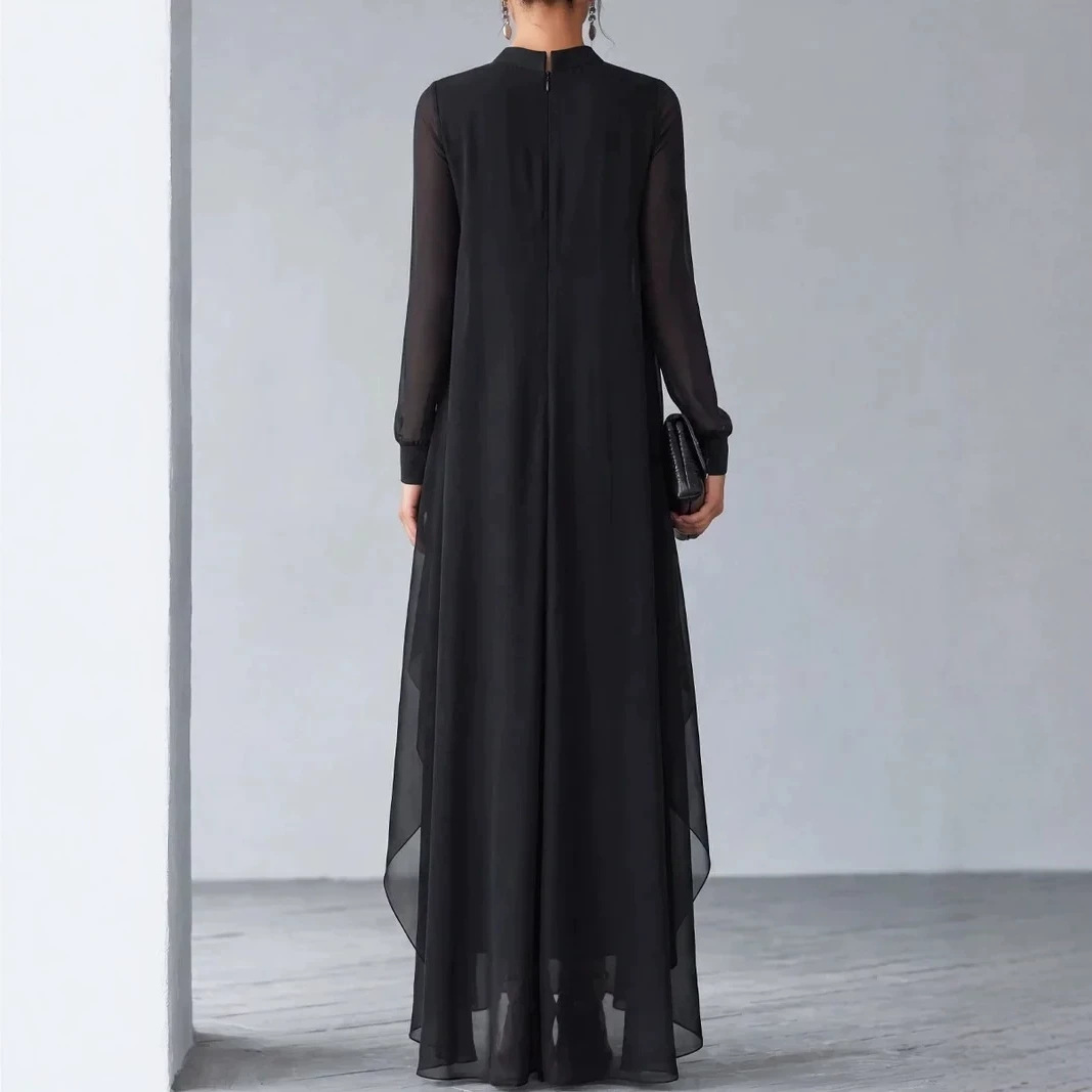 Black Stand-Collar Chiffon Ruffled Faux Two-Piece Long Sleeve Evening Dress