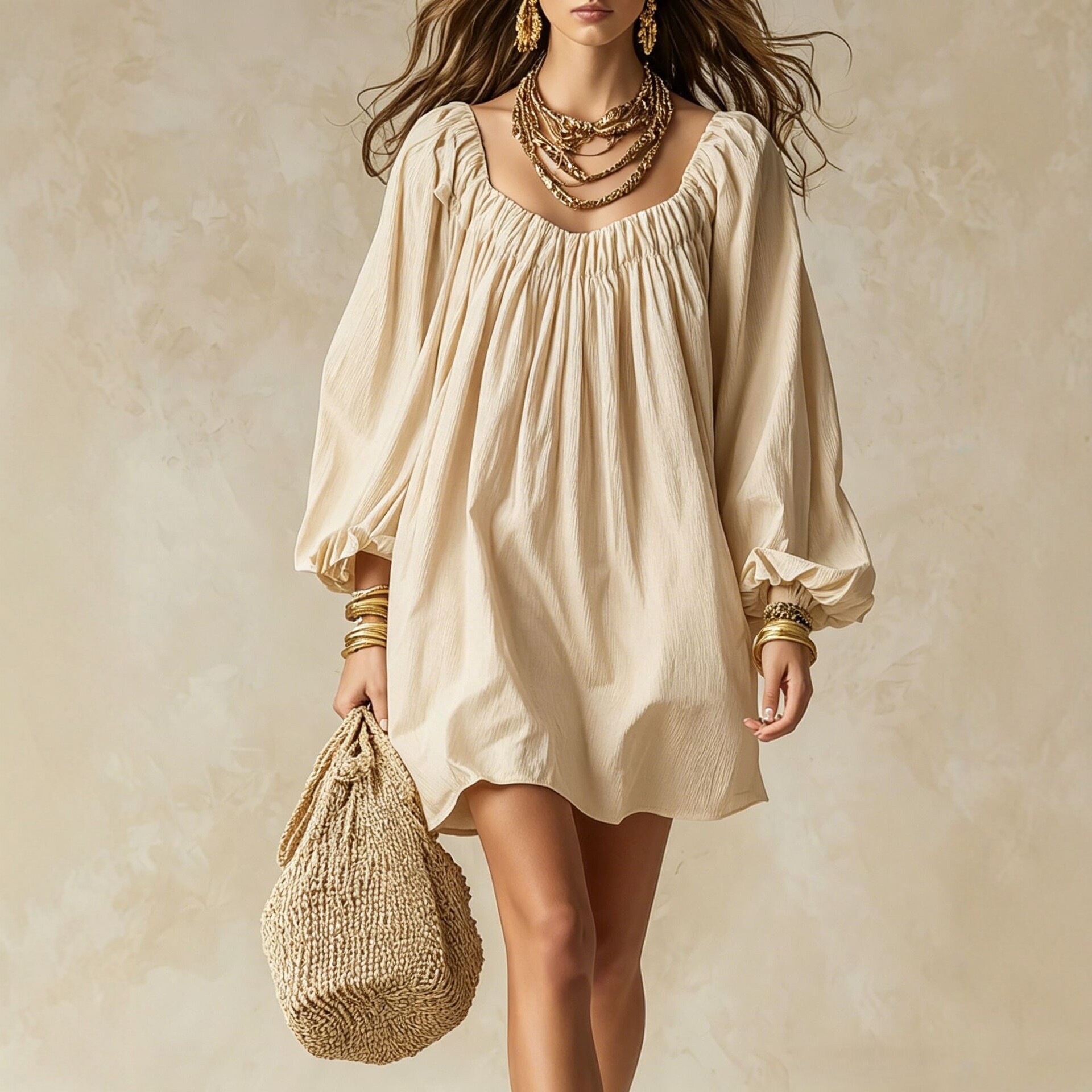 Boho Square Neck Lantern Sleeve A-Line Short Dress