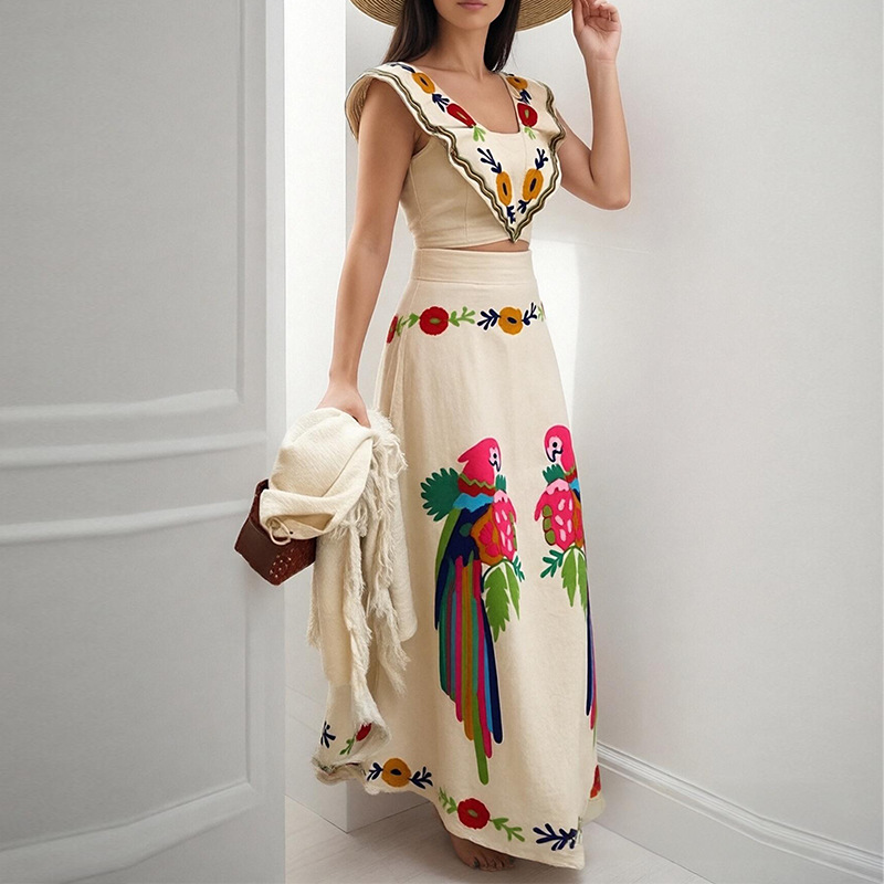 Women's Printed Square-Neck High-Waist Two-Piece Skirt Set