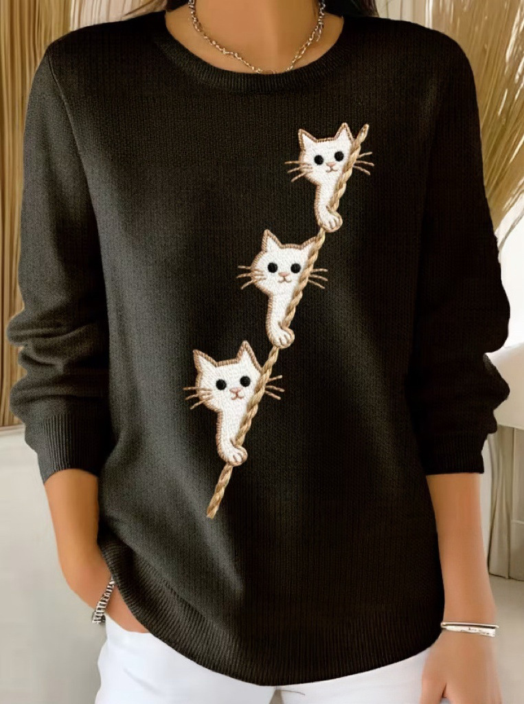 Women's Cat Ladder Print Crewneck Sweatshirt