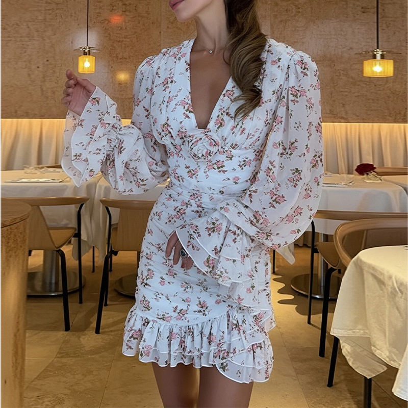 French Sweet Floral Ruffle Slim Fit Dress