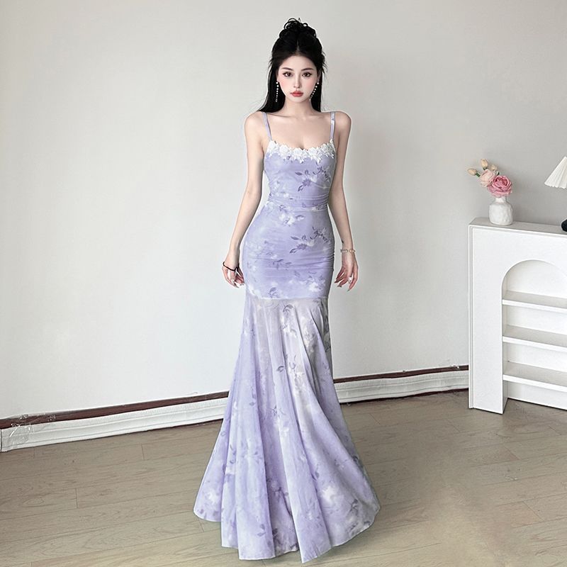 Lace Panel Cami Dress with Mesh Tie-Dye Floral Print and Mermaid Hem