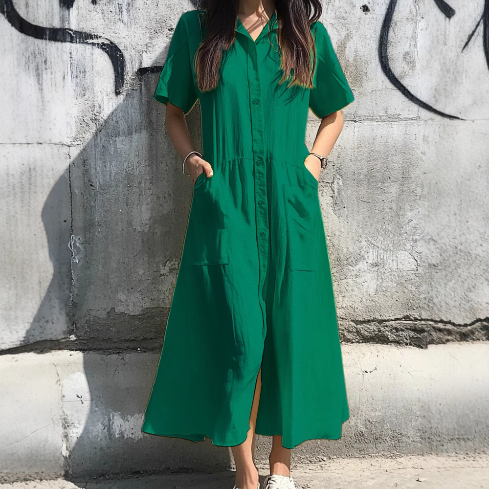 Women's Button-Front Short-Sleeve Casual Dress with Pockets