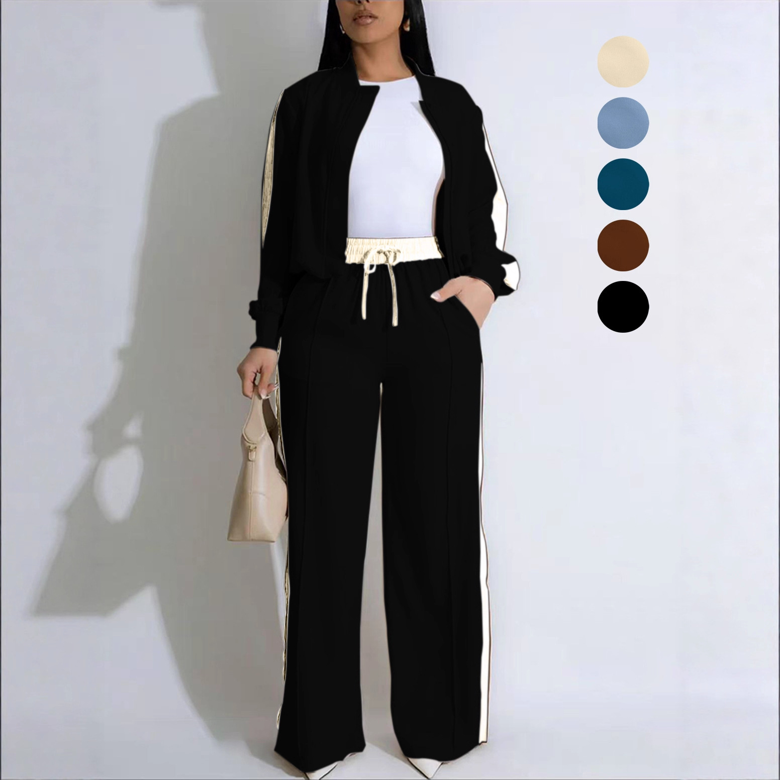 Women's Casual Ribbon Long Sleeve Wide Leg Pants Set