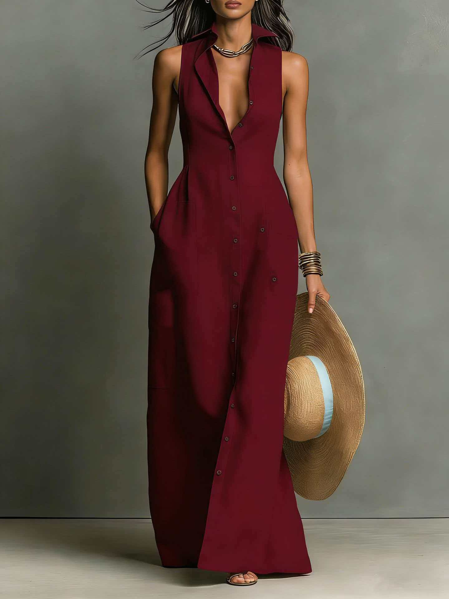 Solid V-Neck Sleeveless Shirt Dress