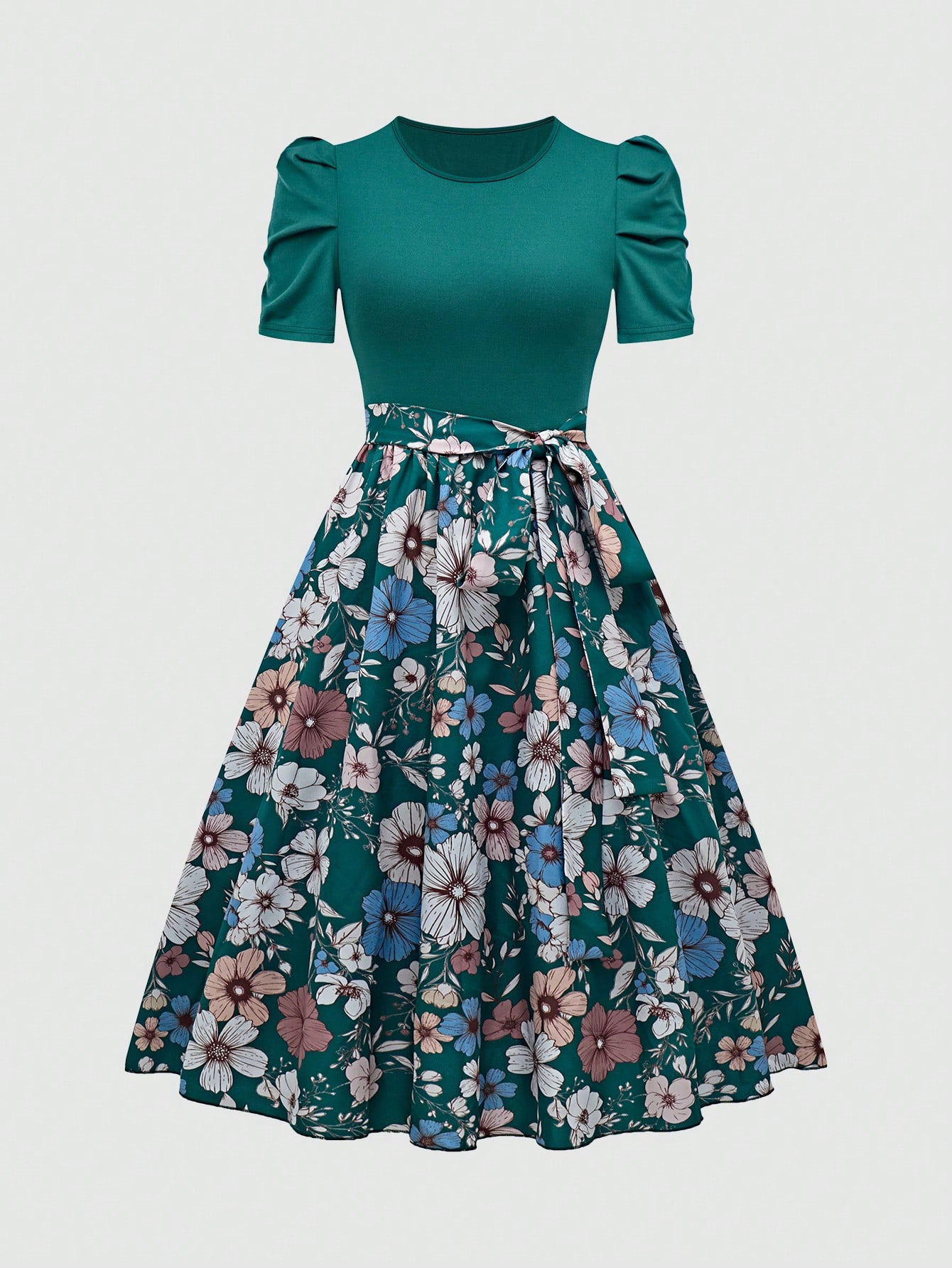 Floral Print Round Neck Short Sleeve A-Line Maxi Dress