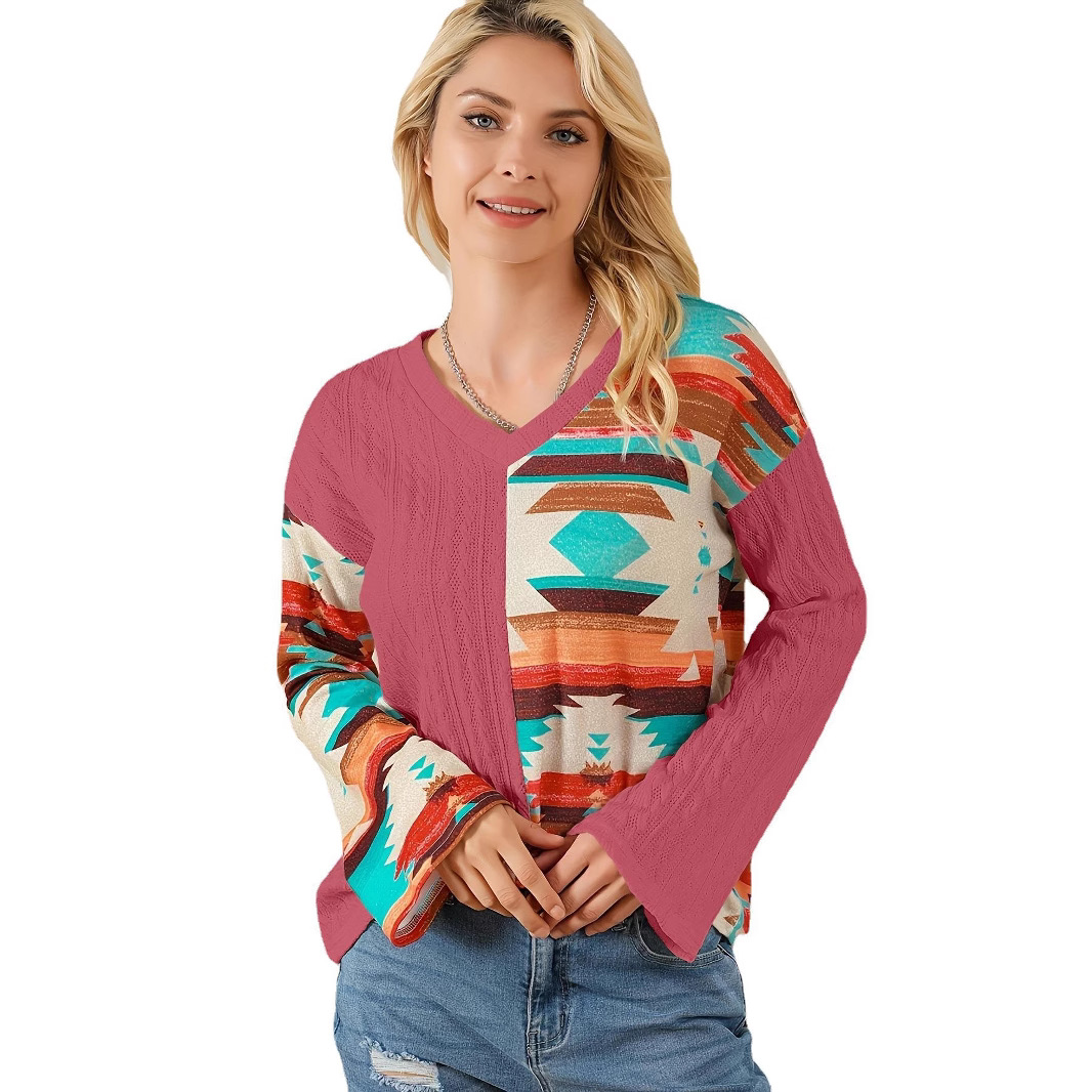 Women's Knit Sweatshirt Colorblock Print Long-Sleeve Pullover