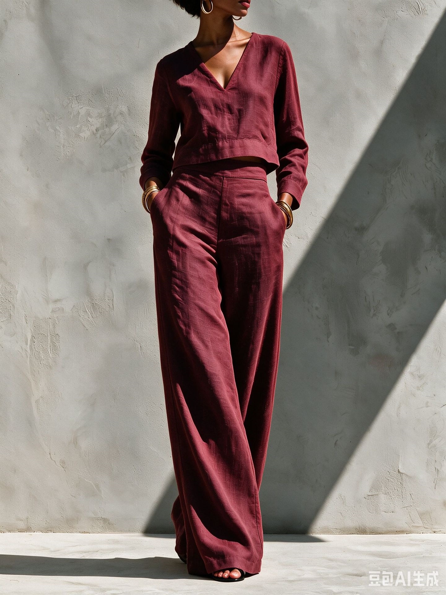 Women's Linen-Blend V-Neck Long-Sleeve Crop Top & High-Waist Wide-Leg Pants Set