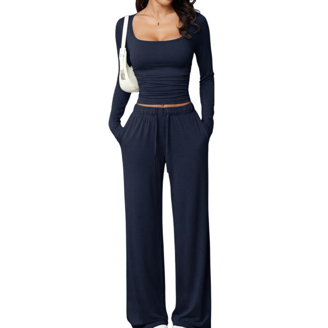 Women's Long Sleeve Drawstring Top & Wide-Leg Pants Two-Piece Set