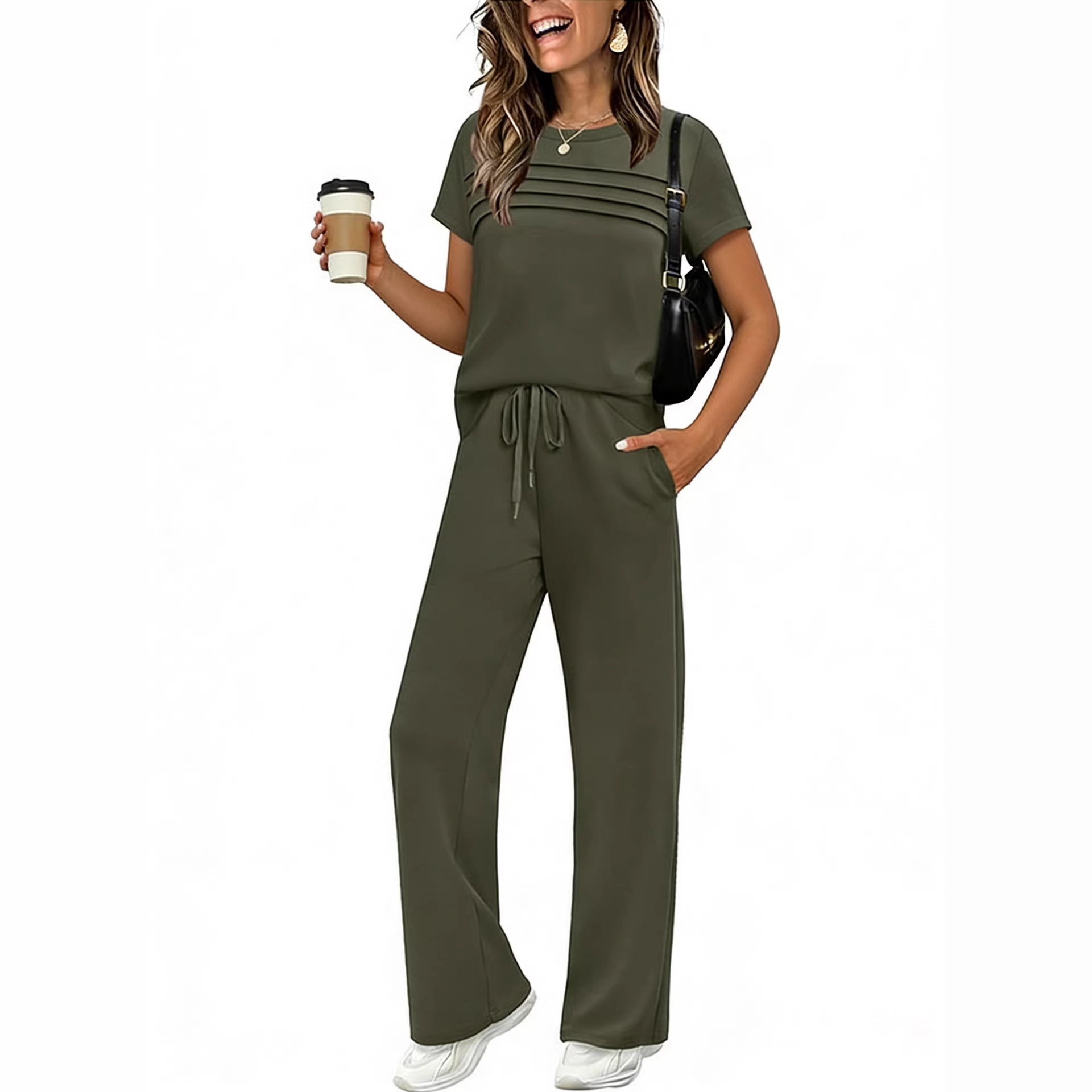 Women's Short Sleeve T-Shirt & Wide Leg Pants Set Casual Solid Color