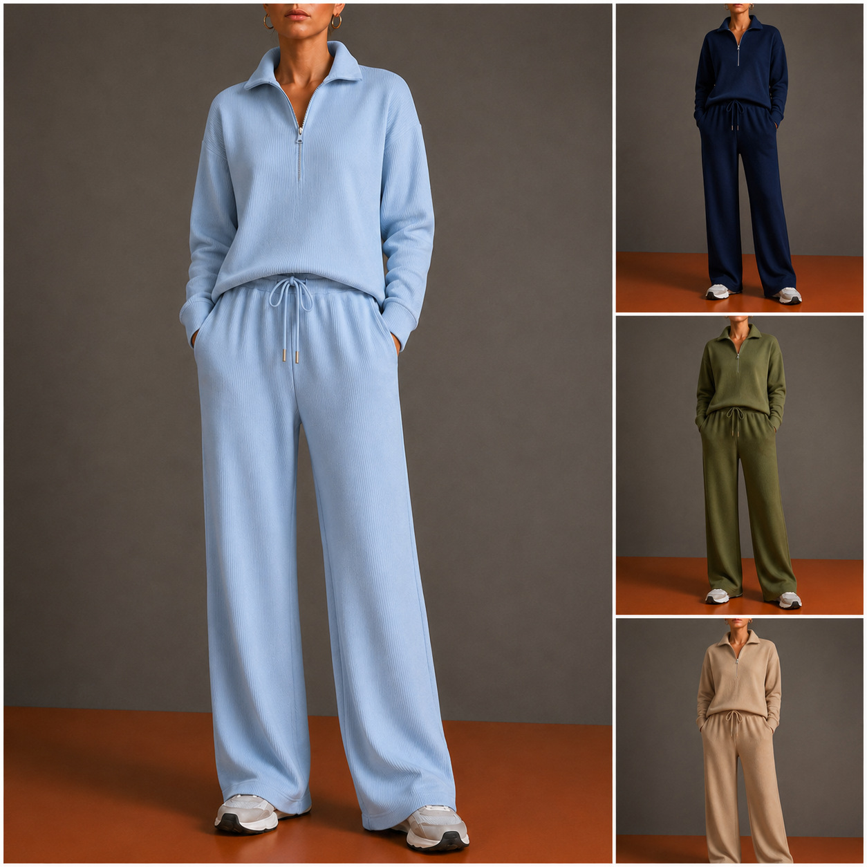2026 New Amazon Autumn/Winter Women's Tracksuit Half-Turtleneck Zip Hoodie Wide-Leg Pants Set