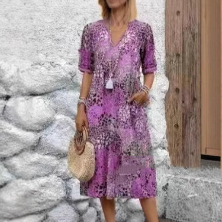 Women's Printed V-Neck Midi Dress with Pockets Casual Vacation Home Wear