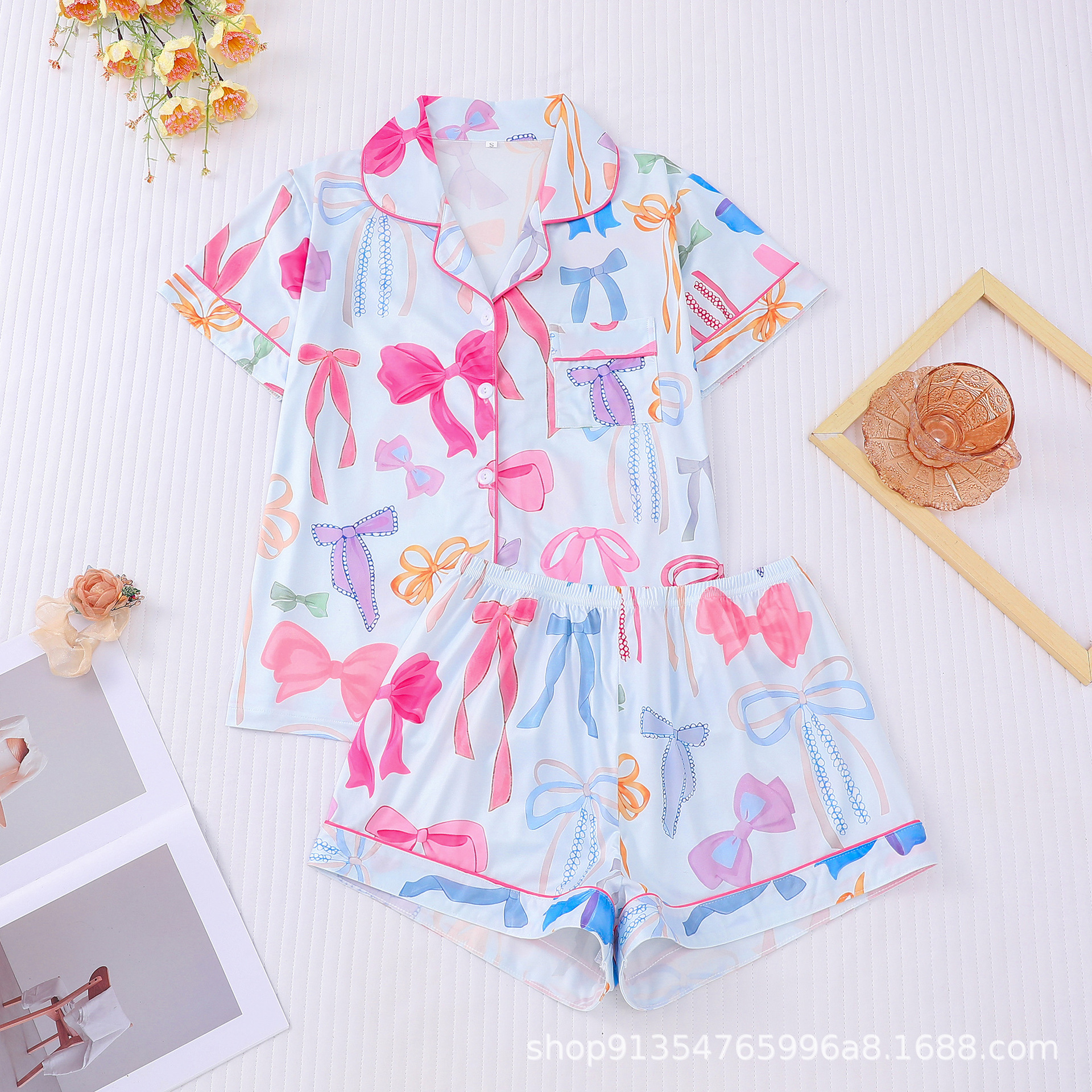 Cuban Collar Bow Print Short Sleeve Women's Set