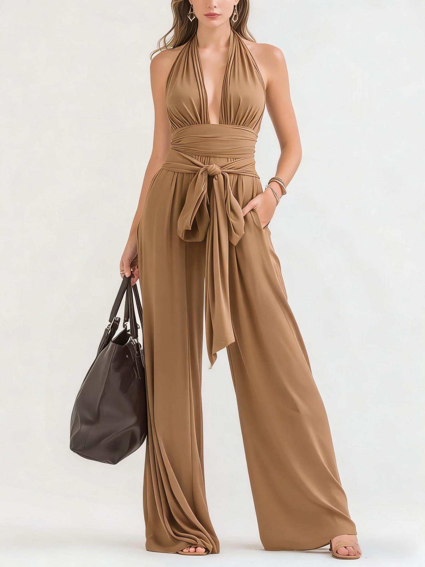 Elegant Halter V-Neck Long Sleeveless Jumpsuit Solid Color