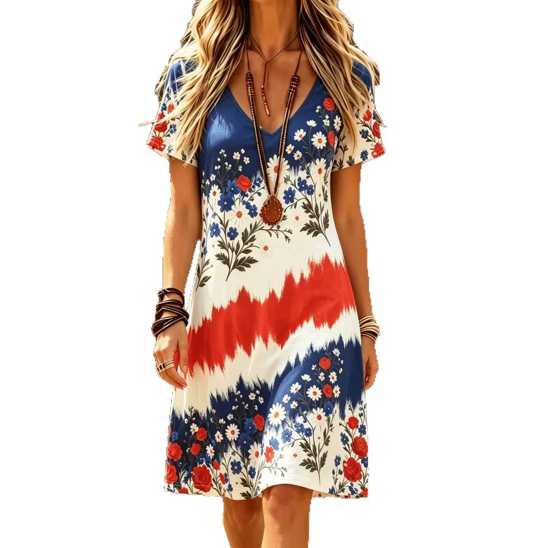 Women's Bohemian Print Ruched Midi Dress