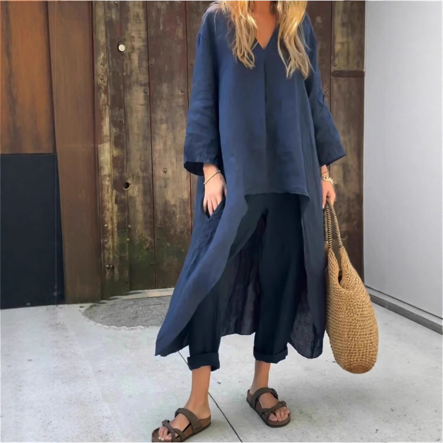Women's Summer V-Neck Two-Piece Skirt Set with Pockets, Solid Color, Loose Fit