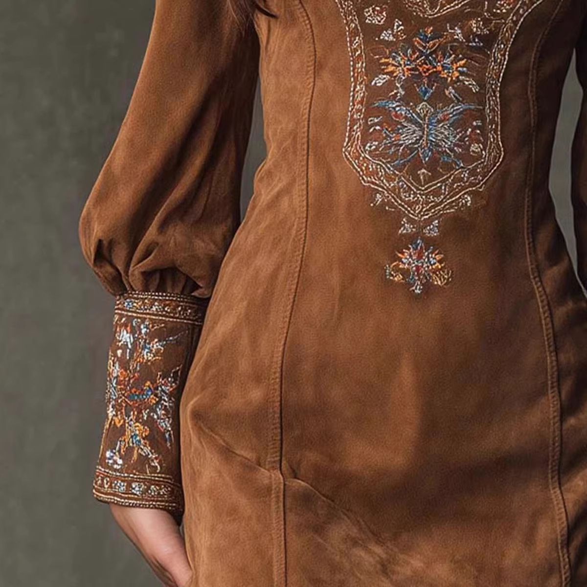 Women's Long Sleeve V-Neck Embroidered Mini Dress
