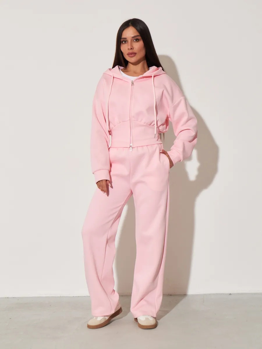 Women's Solid Color Zip Hooded Cardigan and Wide-Leg Pants Two-Piece Set