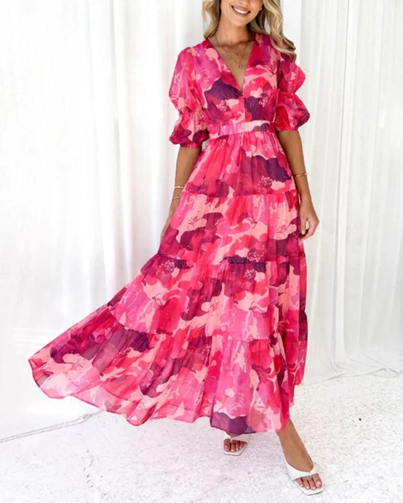 Floral Print V-Neck Bubble Sleeve Cinched-Waist Maxi Dress